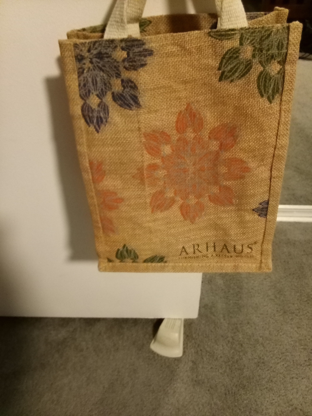 Arhaus Floral Burlap Tote Bag - Neutral with Orange & Green Blooms